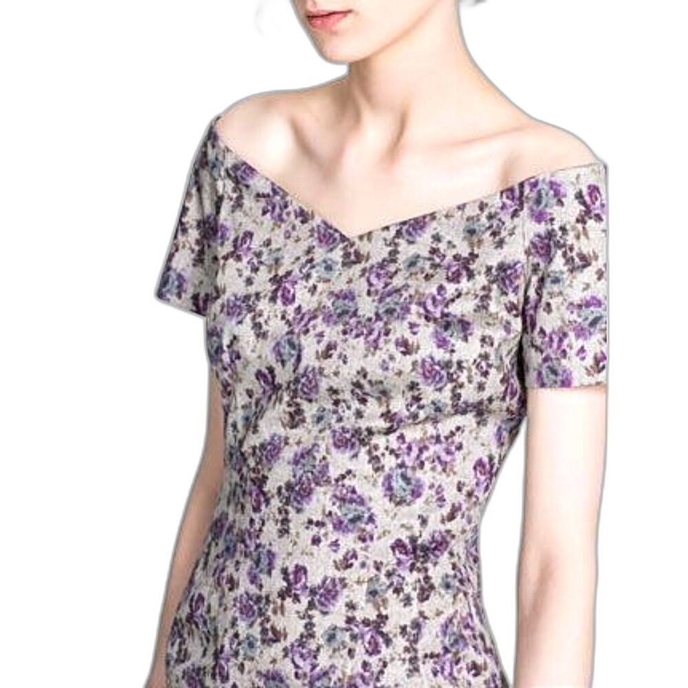 Zara Retro Purple Bloomcore Floral Knee Length Off the Shoulder Wiggle Dress, XS